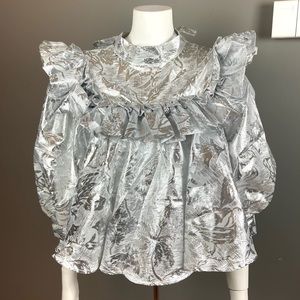 ASOS Sister Jane Blouse small Ruffled Bib Ballon Sleeve Metallic Silver